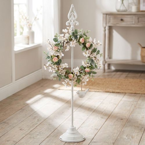 Koszorútartó Shabby Chic fehér koszorútartó fém 4 horog H76cm | Floristik24.hu