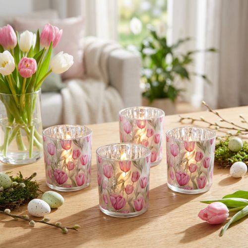 Dekoratív üveglámpás tulipán mintával tavaszi otthoni dekorációhoz, 8 cm, 4 darab. | Floristik24.hu