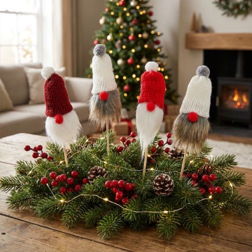 Gnome ragasztáshoz kötött sapkával piros, fehér, szürke 11-13cm L34-35,5cm 12 db | Floristik24.hu