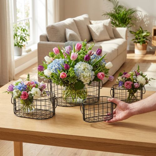 Drótkosár fogantyúkkal fém fekete 17-32cm 4 db-os készlet | Floristik24.hu
