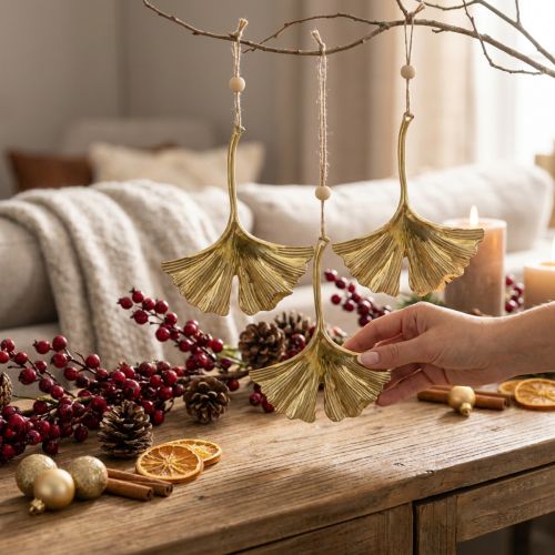 Ginkgo leveles medál, Adventi dekoráció, fém dekoráció őszre Golden L12cm 12 db | Floristik24.hu