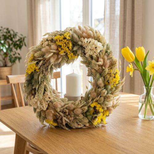 tételeket Szárazvirág koszorú, természetes dekoráció asztalra, nappaliba és előszobába, 25cm