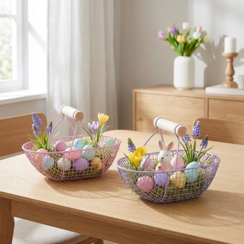 Drótkosár fa fogantyúval, ideális modern életstílushoz és stílusos dekorációhoz, 17 cm, 6 darab | Floristik24.hu