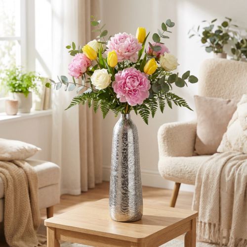 Dekoratív váza fém kalapált virágváza ezüst Ø9,5cm H32cm | Floristik24.hu