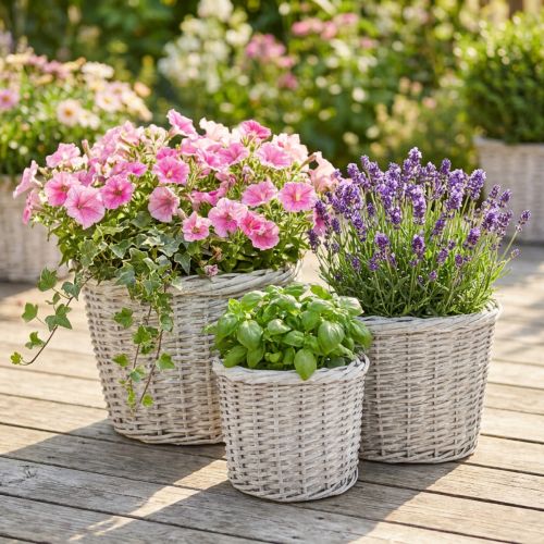 Nagy ültetőkosár fóliával, fehér-szürke, Ø43/34/28cm, 3 db-os szett | Floristik24.hu