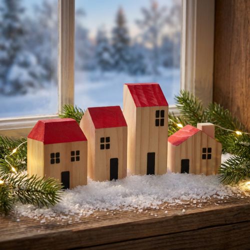 Faház díszházak fa natúr vörös 4 db | Floristik24.hu