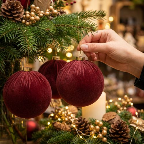tételeket Karácsonyi gömbdísz, vörös bársony hatású, akasztásra, 15 cm, 3 darab