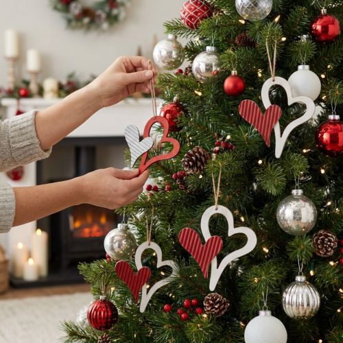 Szív medál fából piros, fehér 8cm 24 db | Floristik24.hu