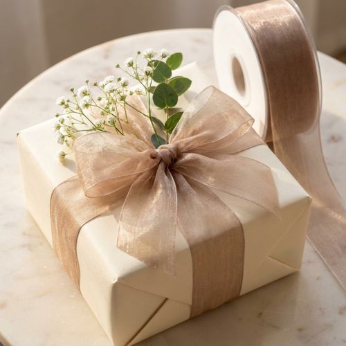 tételeket Organza szalag ajándék szalag bézs szalag szőtt él taupe 40mm 50m