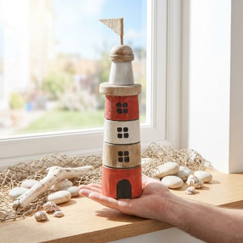 Fából készült világítótorony tengeri fa dekoráció piros fehér H30,5cm | Floristik24.hu