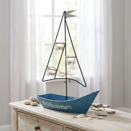 Lámpás fém hajó tengeri dekoráció kék 38x14x55cm | Floristik24.hu