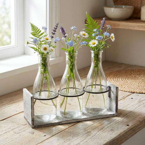 tételeket Rusztikus palackkészlet fa tartóban - 3 üveg, szürke-fehér, 24x8x20 cm - Sokoldalú dekoráció