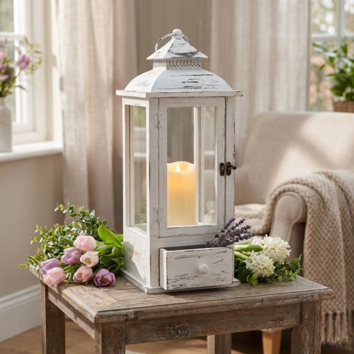 Dekoratív lámpás vintage fiókos fehér 20×20cm H51cm | Floristik24.hu