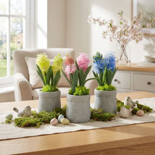 Jácint mesterséges cserépben sárga rózsaszín kék H23cm 3db | Floristik24.hu