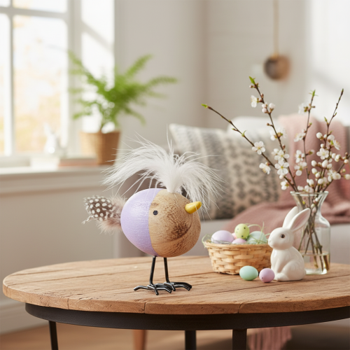 tételeket Dekoratív fa madár tollakkal és színes testtel asztaldísznek, 10 cm, 6 darab