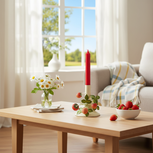 tételeket Fém gyertyatartó eperdíszítéssel, nyári krémszínű, M13cm