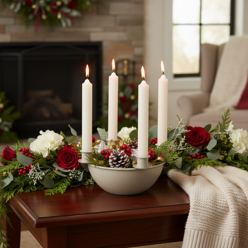 Mécsestartó 4 db-os foglalattal, modern adventi koszorú, bézs, 15 cm | Floristik24.hu