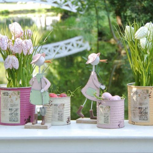 Floristik24 Gólya lapáttal, fém madár ággal, díszmadár, kerti figura, fém díszítéssel H26/28cm 2 db-os készlet