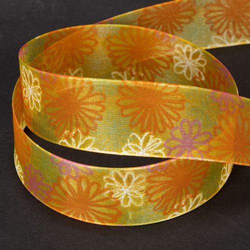 tételeket Ajándékszalag, virágos organza szalag, sárga/narancssárga, 25mm x 18m