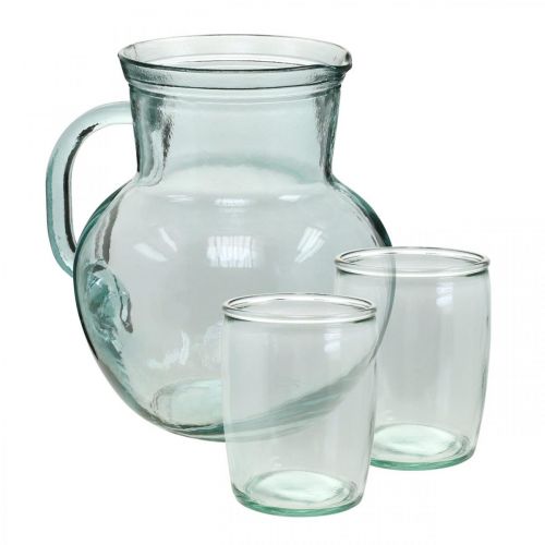 Üvegkancsó ivópoharak, italkészlet tálaláshoz kékes átlátszó H20cm/11,5cm 5 db
