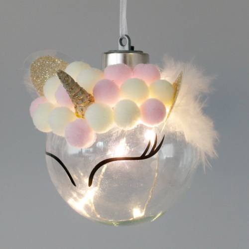 tételeket Karácsonyfa golyós egyszarvú LED-es fénylánccal cukorka színekben, átlátszó üveggel, pomponnal Ø8cm Elemekhez