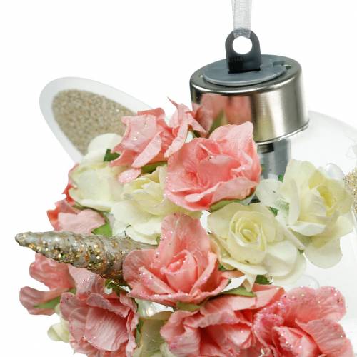 Floristik24 Karácsonyi csecsebecse egyszarvú LED fénylánccal és virágokkal sárga, piros, átlátszó üveg, papírrózsák Ø8cm Elemekhez