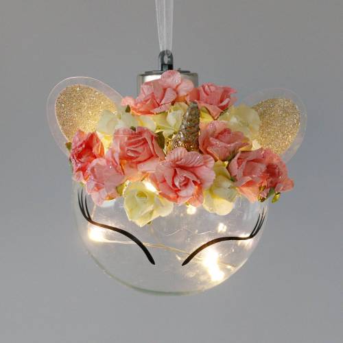 Floristik24 Karácsonyi csecsebecse egyszarvú LED fénylánccal és virágokkal sárga, piros, átlátszó üveg, papírrózsák Ø8cm Elemekhez