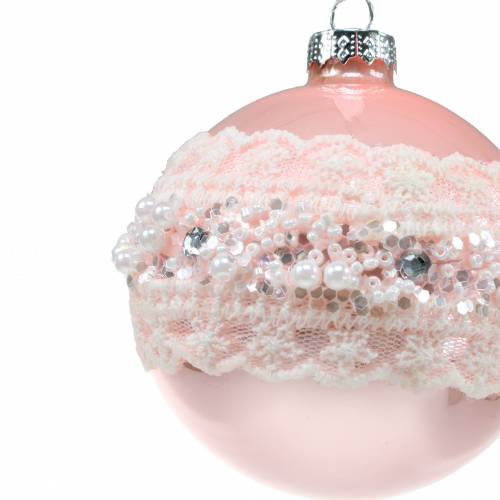 Floristik24 Üveggolyó rózsaszín csipkével és gyöngyökkel 3db