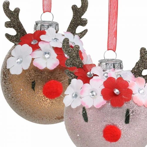 tételeket Karácsonyfa bál, rénszarvas virágkoszorúval, adventi dekoráció, fadísz barna, rózsaszín valódi üveg Ø8cm 2db
