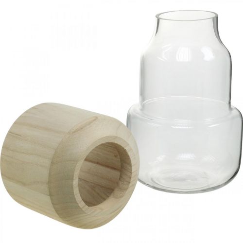 Floristik24 Üvegváza fából készült dekoratív vázával száraz virágkötőkhöz H20cm