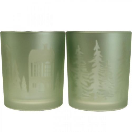 Floristik24 Lámpások, teamécses tartó üveg karácsonyi zöld Ø7cm 2db