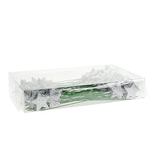 Floristik24 Csillogó csillag ezüst 4cm huzalon 60db