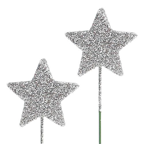 Floristik24 Csillogó csillag ezüst 5cm vezetéken L22cm 48db