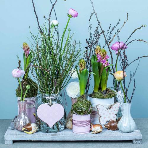 Floristik24 Függő dekoráció szív virág pillangó fehér, rózsaszín fa tavaszi dekoráció 6db