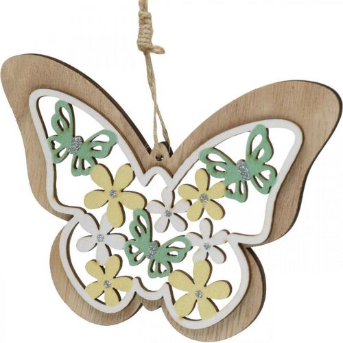 tételeket Akasztható pillangó, fa medál virág, tavaszi dekoráció csillámmal H11/14,5cm 4db