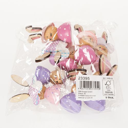 tételeket Húsvéti nyuszi asztaldísz tavaszi időszakra, díszes nyuszik kalapos mintával, 7 cm, 9 darab