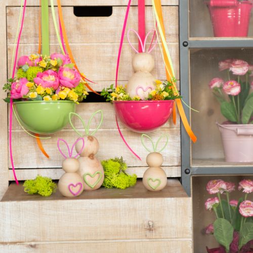 tételeket Fa nyúl díszfigura drótfülekkel modern húsvéti dekorációhoz, 11 cm, 4 darab