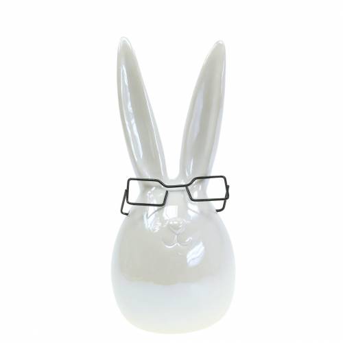 Floristik24 Húsvéti nyuszi szemüveggel, fehér gyöngyház kerámia, magassága 20 cm