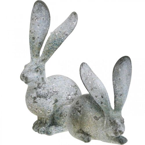 tételeket Dekoratív nyúl, beton megjelenésű kerti figura, kopott sikkes, húsvéti dekoráció ezüst díszítéssel H21/14cm 2 db-os szett