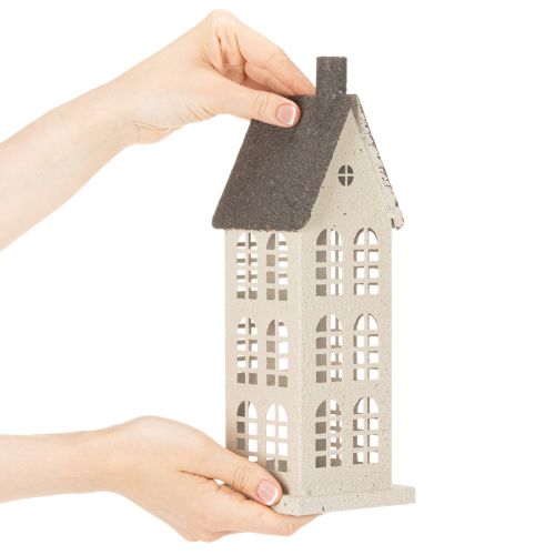 Dekoratív fémház ablakokkal és kandallóval, 28 cm | Floristik24.hu