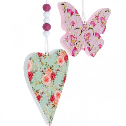 Medál virágmintával, szívvel és pillangóval, rugós dekoráció függesztéséhez H11,5/8,5cm 4db