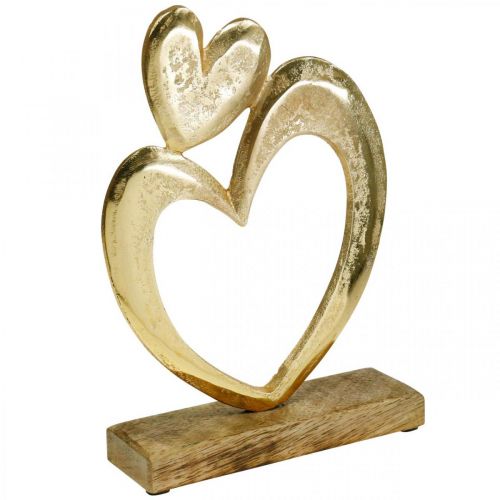 Floristik24 Fém szív arany, dekoratív szív mangófán, asztaldísz, dupla szív, Valentin nap