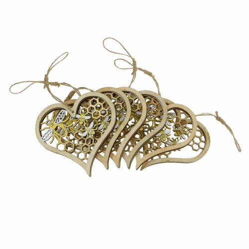 Floristik24 Dekoratív szív méhek sárga, arany színű fa szív akasztásra nyári dekoráció 6 darab