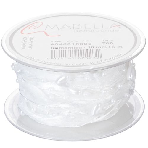 tételeket Esküvői dekorációs organza szalag fehér 10mm x 5m szívekkel és gyöngyökkel