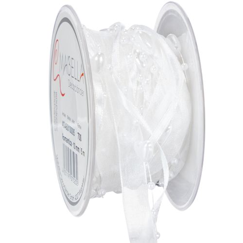 Floristik24 Esküvői dekorációs organza szalag fehér 10mm x 5m szívekkel és gyöngyökkel