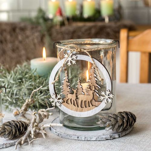 Floristik24 Fa szarvas utánfutó, erdei dioráma, téli dekoráció függeszthető Ø15cm 4db