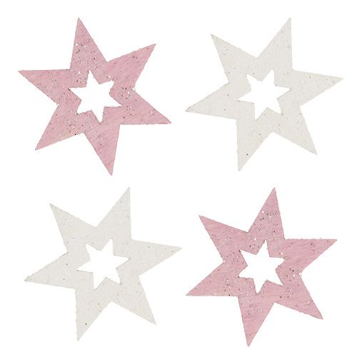 Fa csillag 3,5cm rózsaszín / fehér csillámmal 72db