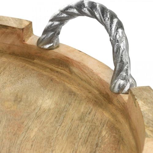 Floristik24 Fából készült tálca fogantyúkkal, asztaldísz kerek valódi fa, fém natúr, ezüst Ø40,5cm