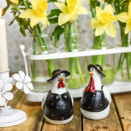 Floristik24 Csirke pár, húsvéti dekoráció, tavaszi, dekoratív csirke kalappal H11cm 2 db-os szett