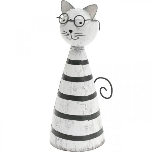 Szemüveges macska, elhelyezhető dekoratív figura, fém fekete-fehér macskafigura H16cm Ø7cm